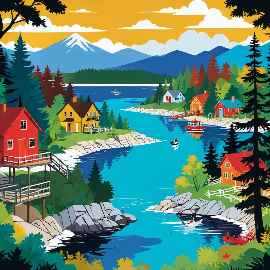 A vibrant and colorful illustration of a lively animated landscape showcasing various elements of Becker County, infused with artistic representations of adult animation styles. Incorporate whimsical cartoon characters and scenes inspired by hentai art, set against a backdrop of natural beauty like lakes and forests. Use bright colors to attract attention and create an engaging atmosphere, blending local culture with playful adult themes. The overall vibe should be fun, inviting, and artistic. vector art. vibrant colors. whimsical style.