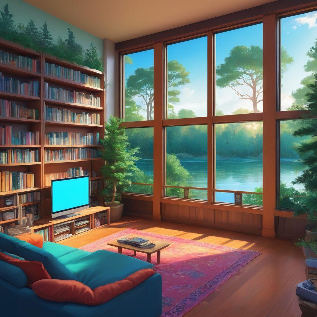 A vibrant, whimsical illustration of an anime-inspired library filled with colorful books and screens showcasing diverse anime styles, featuring characters in playful poses. The backdrop should include elements that represent Becker County, like pine trees and lakes, blending seamlessly with anime culture. Soft lighting and warm colors to create an inviting atmosphere. Include subtle hints of adult themes in a tasteful manner. vector art. vibrant colors.